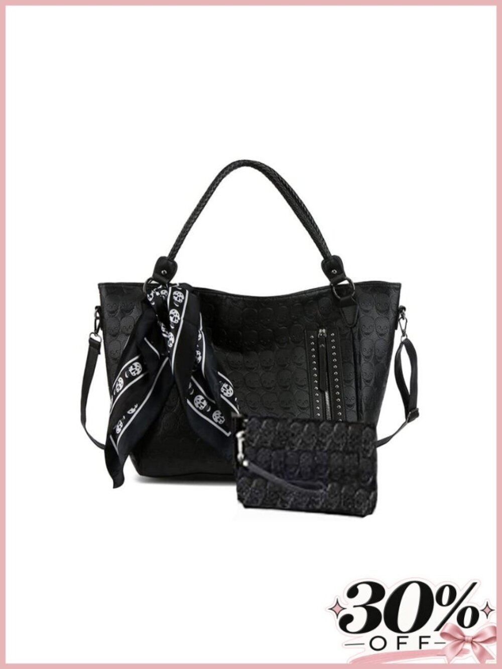 Women Skull Tote Bag Pu Leather Studded Handbag with Wallet Scarf 3Pcs Set